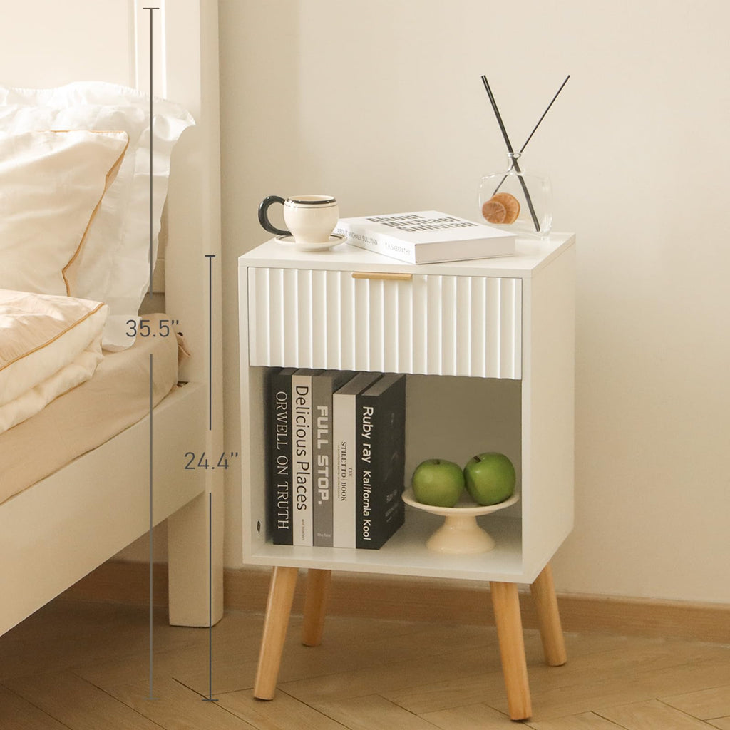 White Fluted Nightstand, Modern Bedside Table with Drawer and Shelf