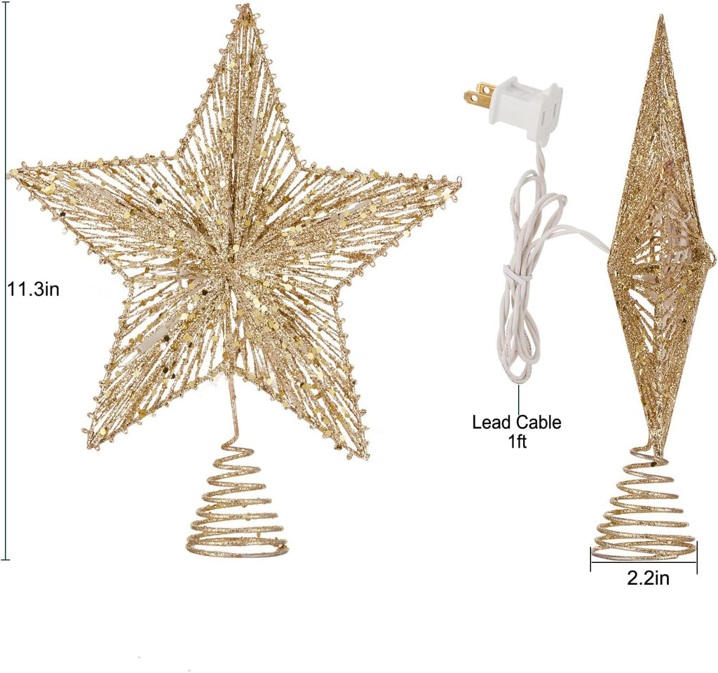 Star Tree Topper, Plug in 3D Star Tree Topper, 11"Golden Glittered Metal Hollow Designed Built-in 10 Bulbs String