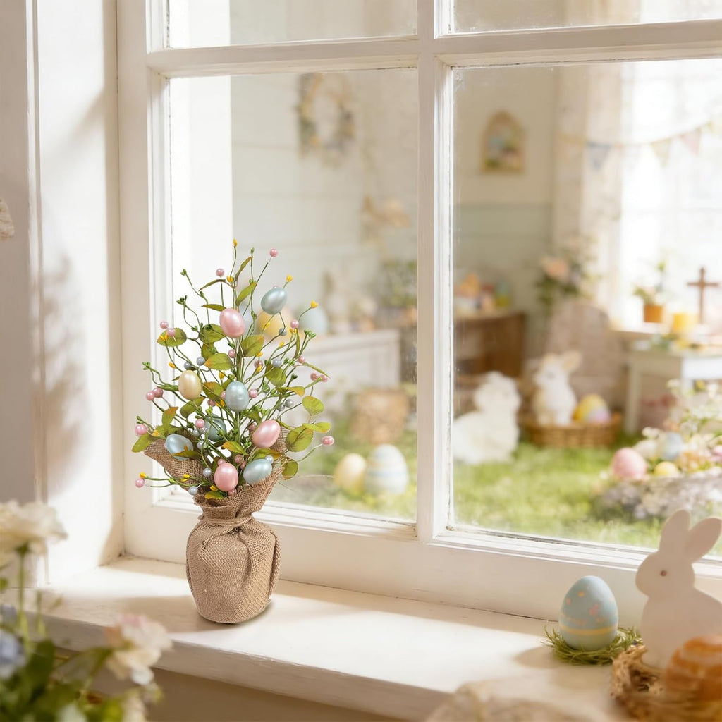 19" Easter Egg Tree Tabletop Decor - Handcrafted Pastel Centerpiece with Pearlized Eggs & Cement Base for Spring