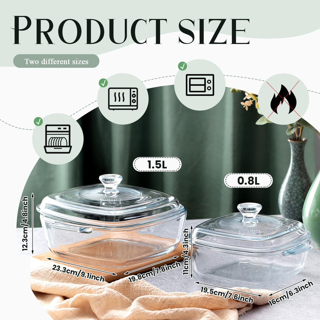 2 Pcs Glass Casserole Dish with Lid, 0.8L/1.5L Square Bakeware Set