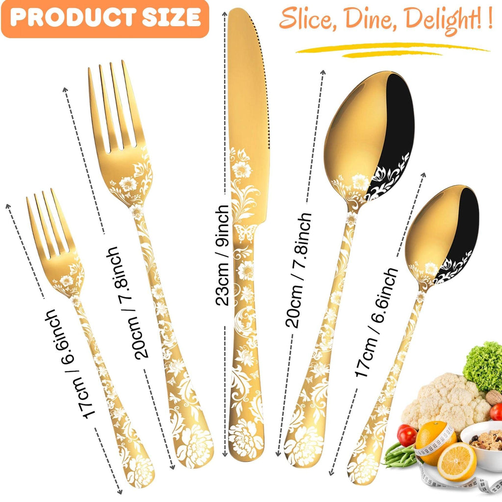 Gold Silverware Flatware Set for 4 Stainless Steel Cutlery Utensil Set, 20 piece Spoon and Fork Set Peony Flower