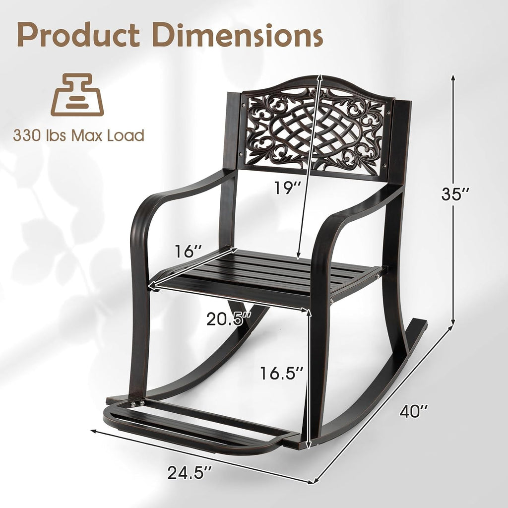 Patio Rocking Chair, Outdoor Cast Aluminum Rocker w/Footrest, Backrest & Curved Armrests, Heavy-Duty Metal Classic