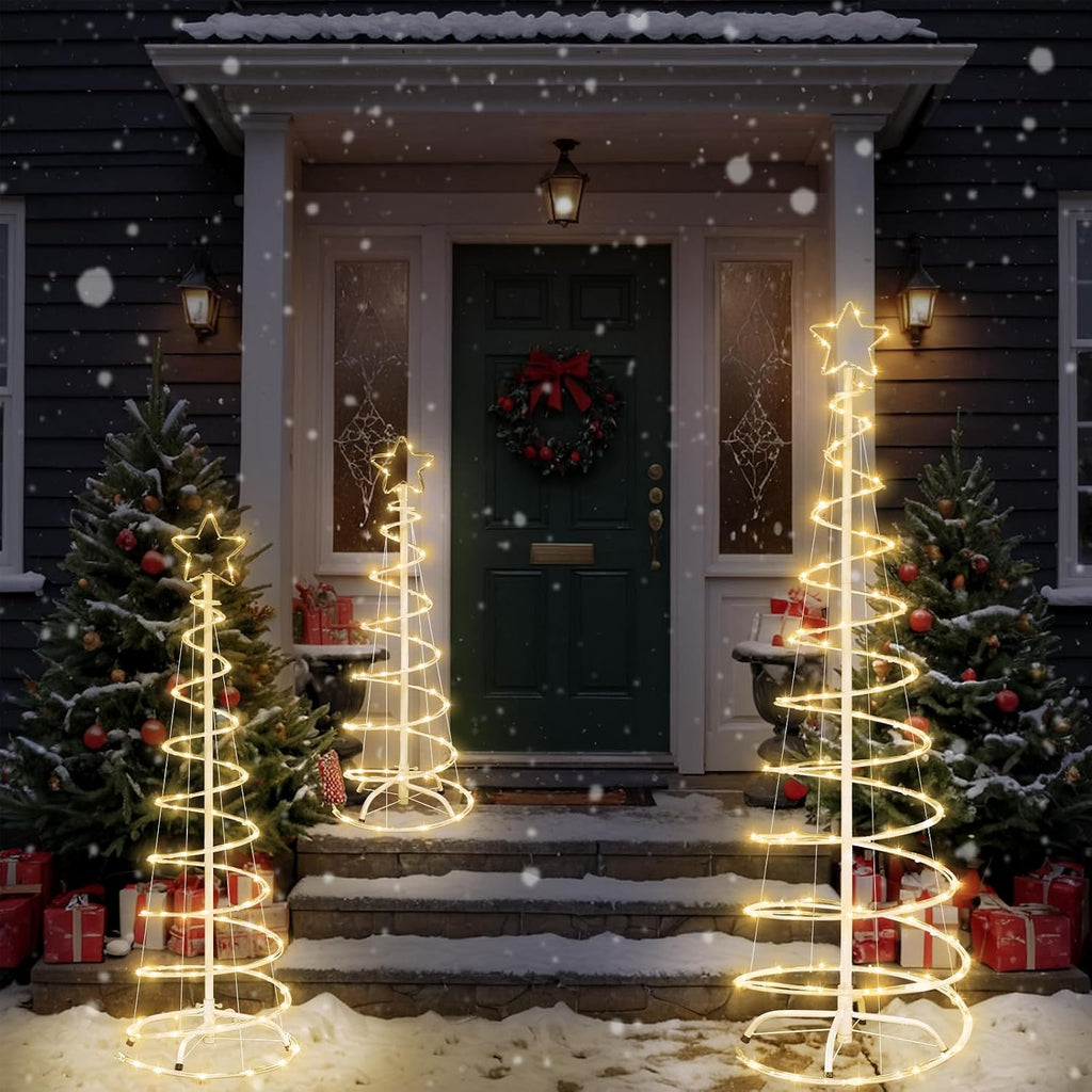 3 Packs Christmas Spiral Tree with Lights, 3/4/5 FT Lighted Xmas Collapsible Tree with Metal Stakes for Indoor &