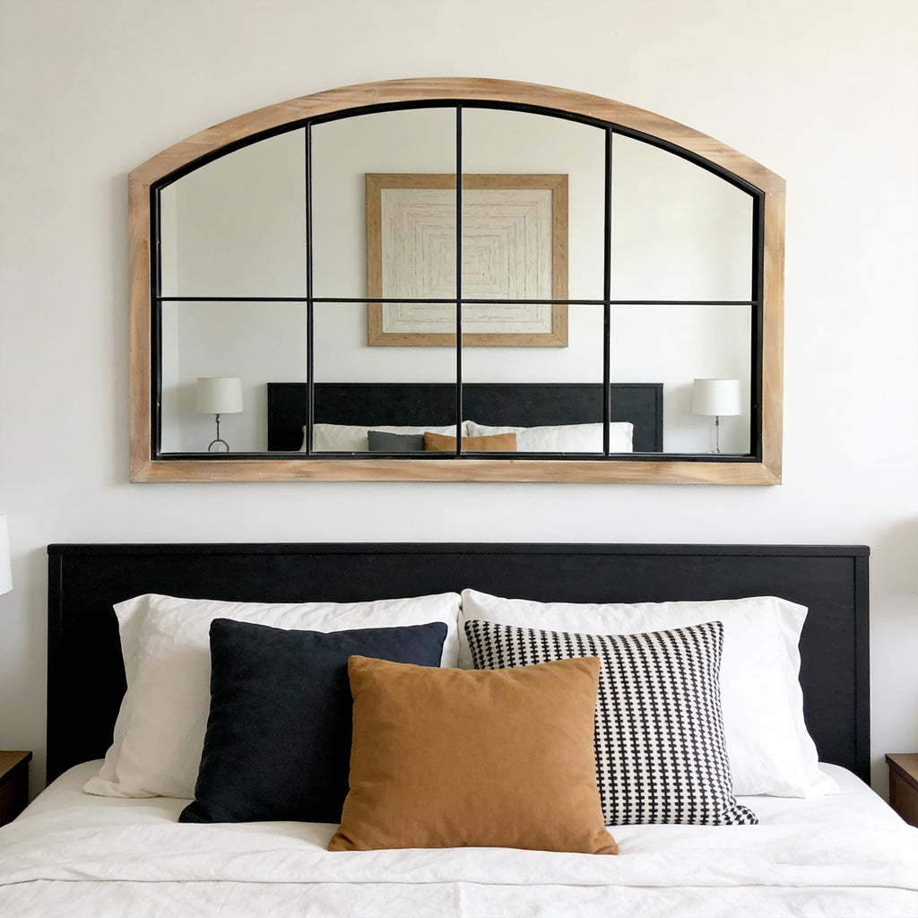 Arch Window Mirror, 48X30 Farmhouse Arch Wall Mirror, Wood Framed Rustic Mirror Metal Inner Frame Decorative, Natural
