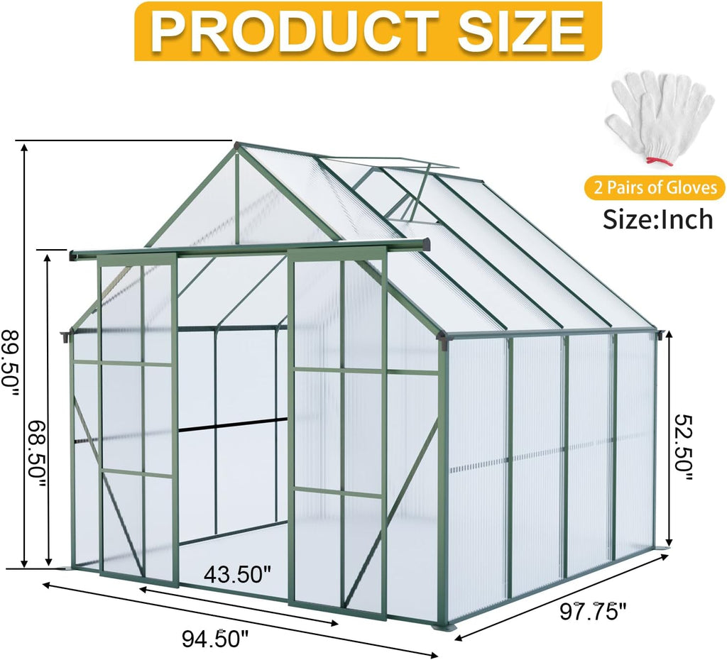 8x8 FT Green Outdoor Walk-in Polycarbonate Greenhouse Dual Sliding Doors Adjustable Roof Vent Aluminum Frame