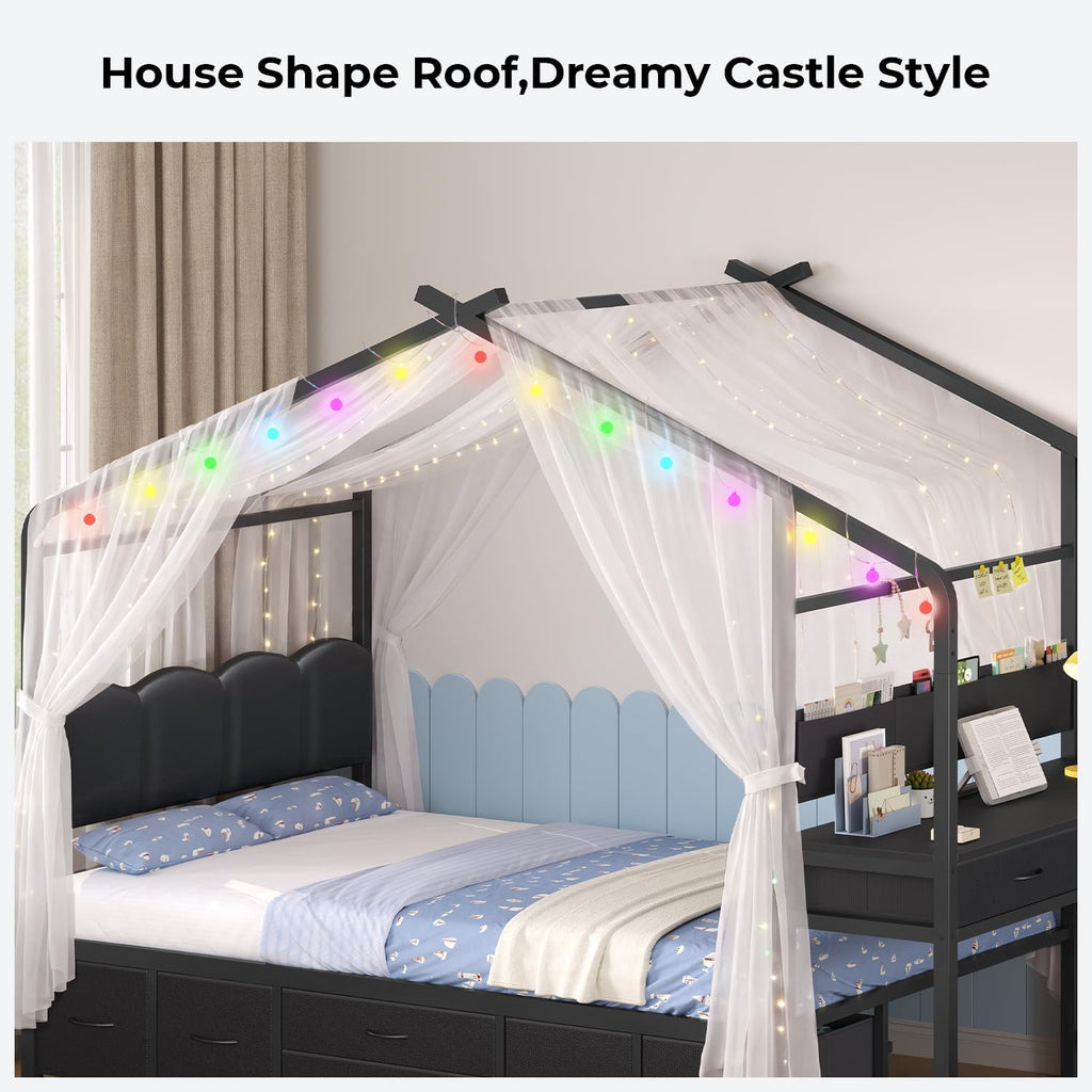 Twin Kids Bed with Desk,Metal House Bed with Headboard,Black | Unique House Roof Frame ,Space-Saving All-In-One Kids