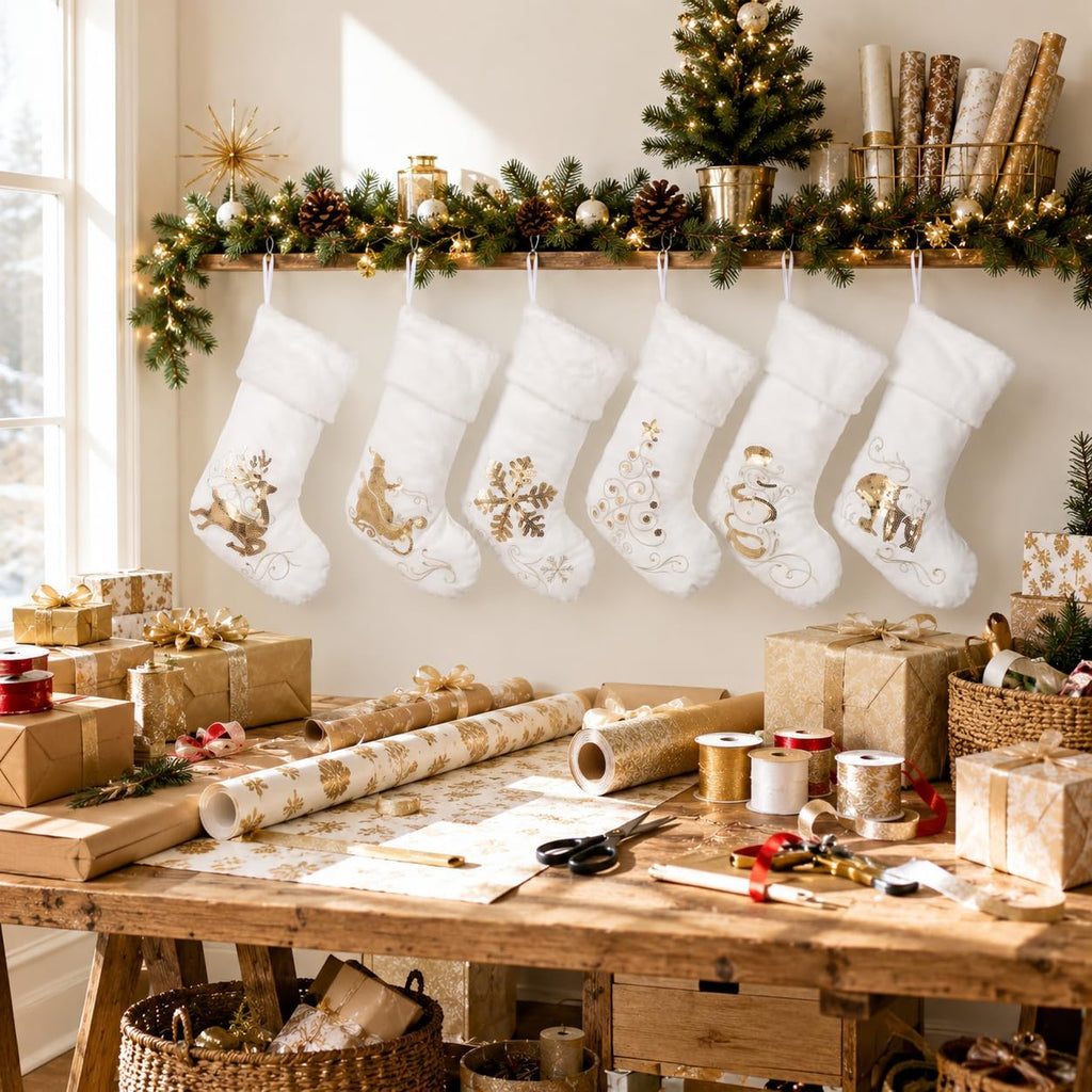Large White Velvet Christmas Stockings Set of 6 with Gold Embroidery