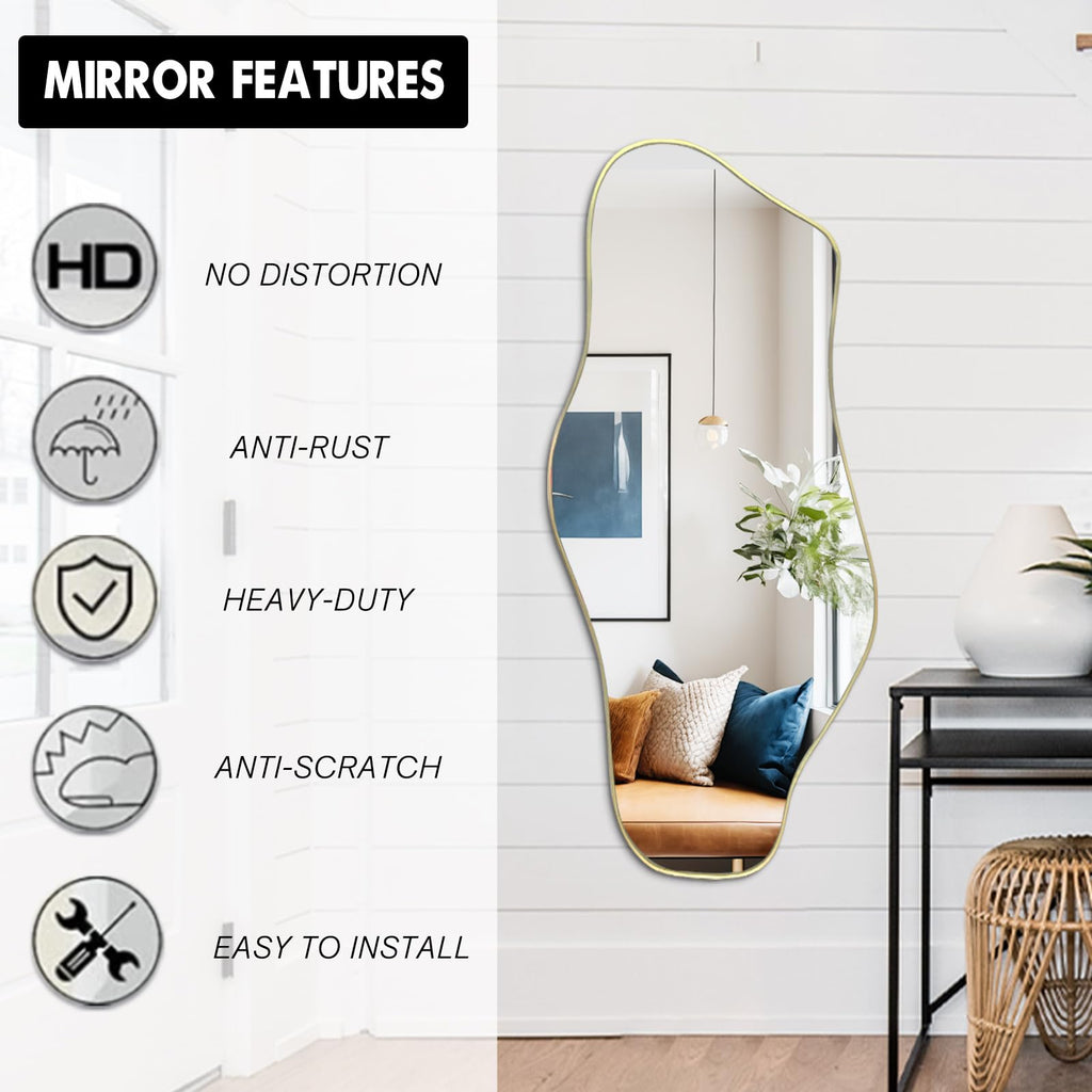 Irregular Wall Mirror, 47.2"x21.6" Gold Asymmetrical Frameless Mirror, Modern Organic Shaped Mirrors Bedroom Hallway