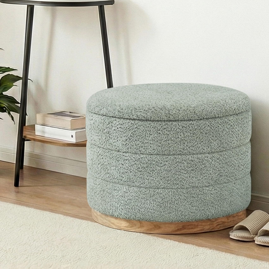 22.8" Round Chenille Storage Ottoman, Reversible Lid, Sage Green