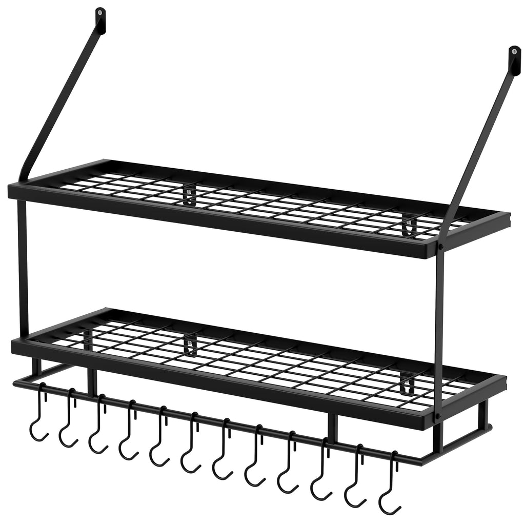 Kitchen Pot Rack - Mounted Hanging Rack Storage and Organization - Matte Black 2-Tier Wall Shelf with Guard