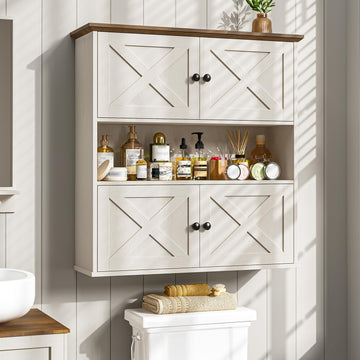 Bathroom Wall Cabinet, Farmhouse Medicine Cabinet with 4 Barn Doors, Large Wooden Vintage Storage Cabinet Wall