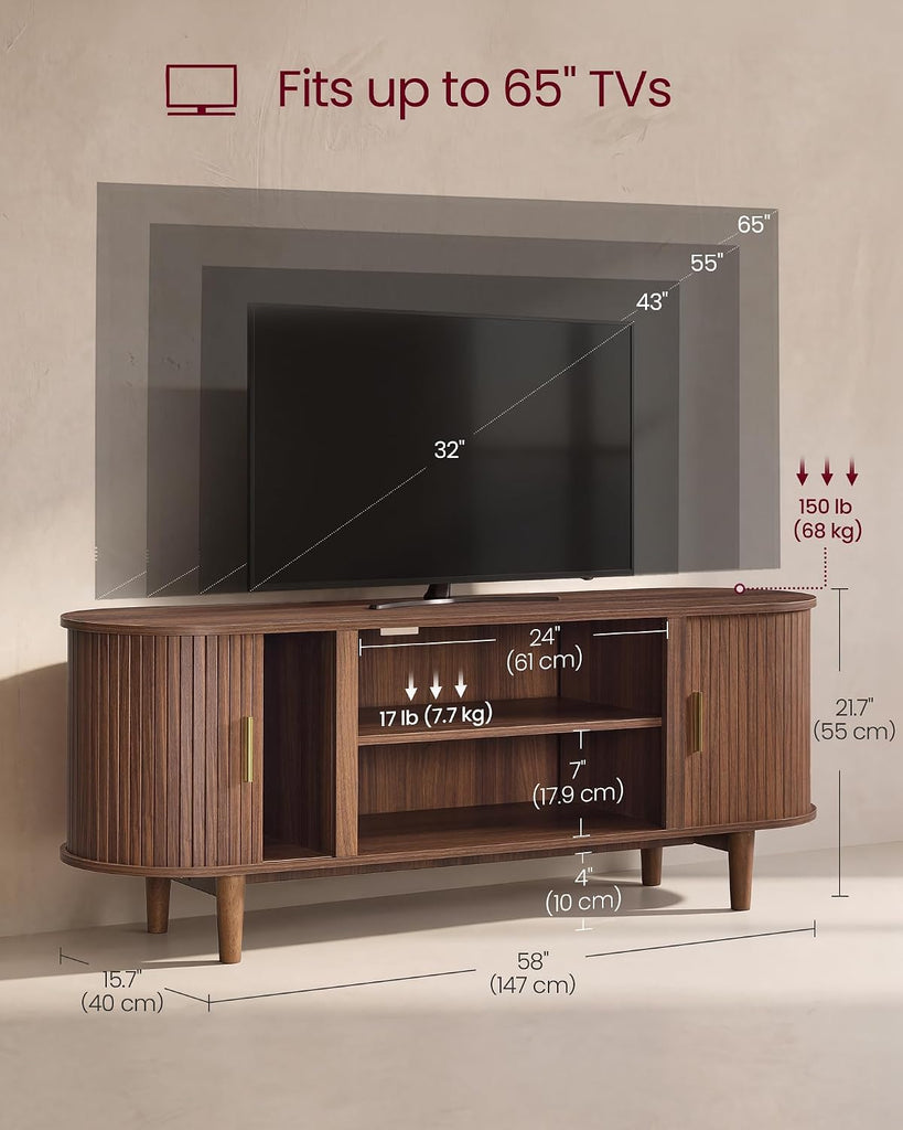 TV Stand for 65-Inch TVs, Mid Century Entertainment Center with Storage, Fluted Sliding Doors, Media Console Table