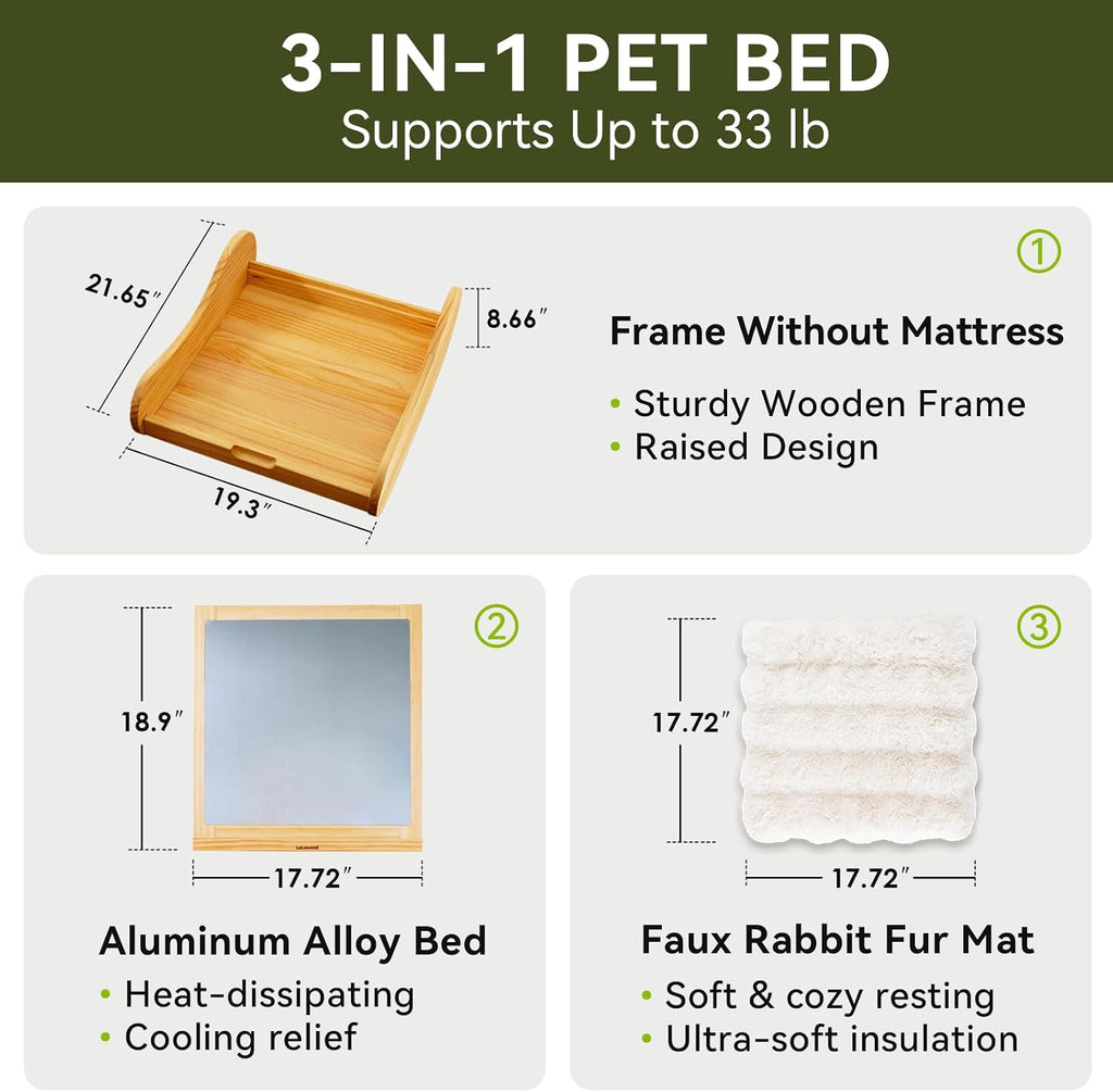 Elevated 3-in-1 Wood Dog Bed for Cats and Dogs Up to 33 lbs, All-Season