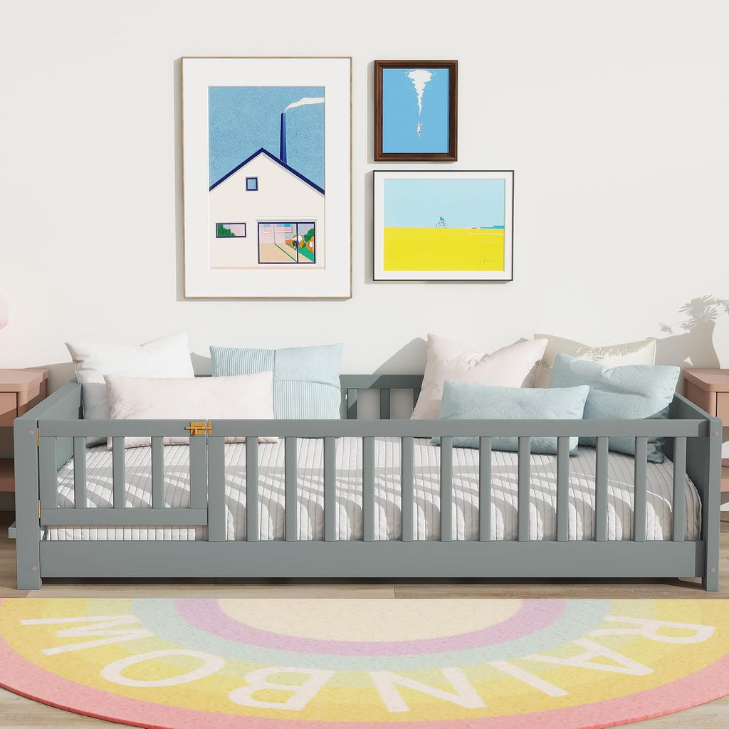 Toddler Floor Bed with High Rails, Wooden Montessori Bed Frame with Door & Built-in Book Rack, Twin Size Bed Frame
