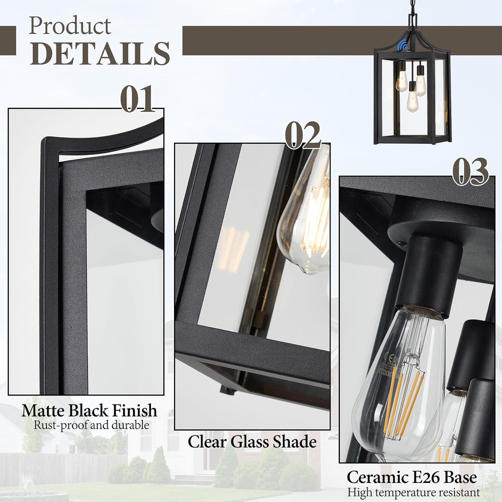 Outdoor Pendant Lights for Porch, 18.5" Large Dusk to Dawn Outdoor Chandelier with Clear Glass