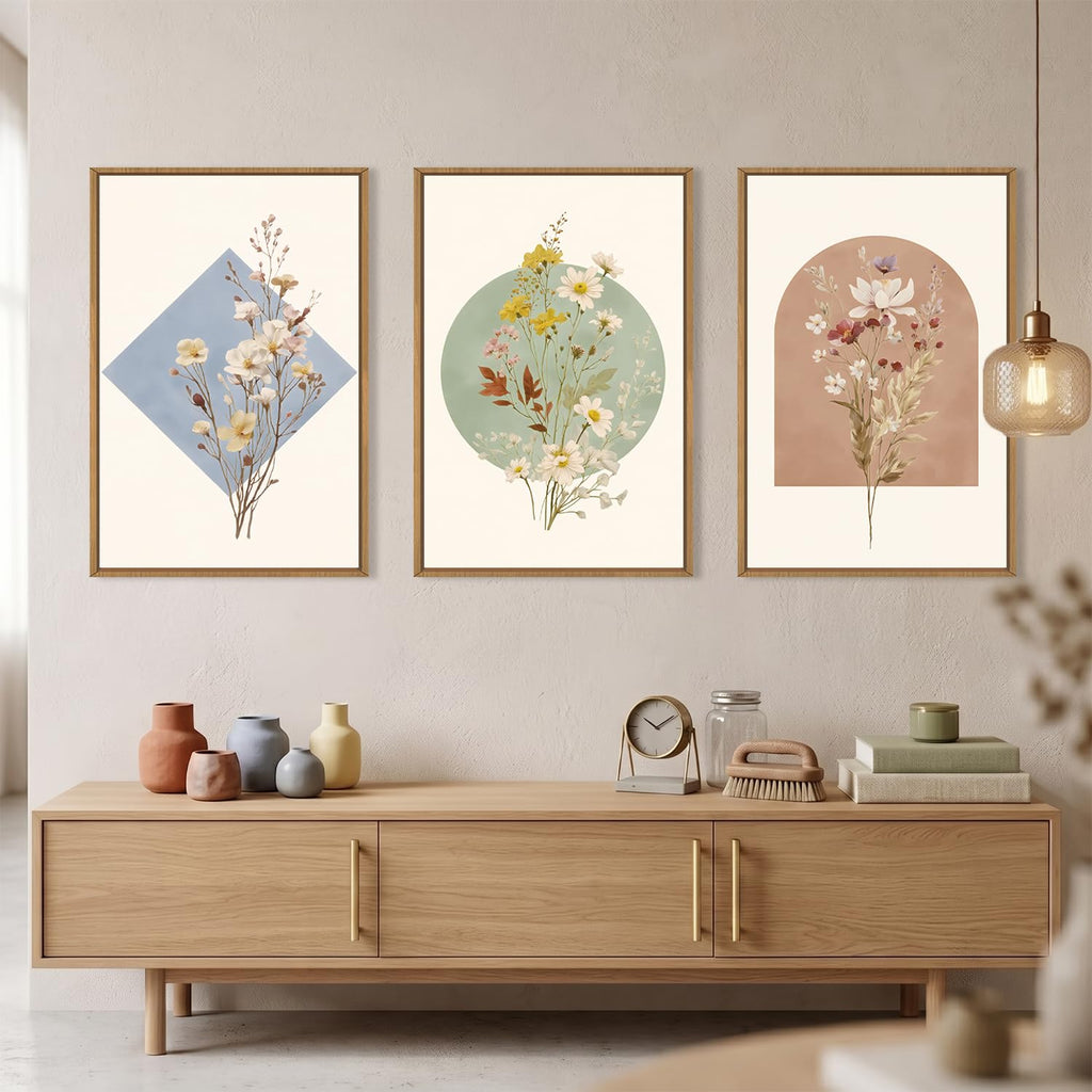 Boho Neutral Wildflower Framed Canvas Wall Art Set-24"x36"x3