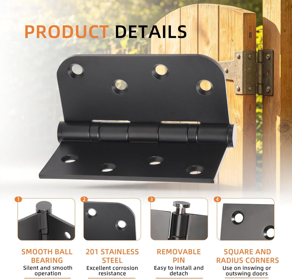 3 Pack Black Heavy Duty Pin Removable 4" X 4 Inch Stainless Steel Ball Bearing Square Door Hinges with 5/8" Radius