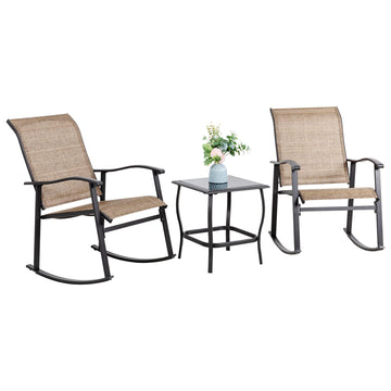 3 Piece Outdoor Rocking Bistro Set, Textilene Fabric Small Patio Furniture Set, Front Porch Rocker Chairs