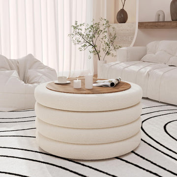30 Inch Round Ottoman with Storage,Large Sherpa Coffee Table | Modern Ottomans with Removable Lid