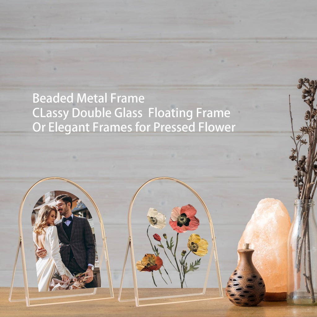 Gold 8x10'' Arched Floating Frame Set of 2, For Photo Sizes (5x7'', 6x8'', 7x9''), Beautiful Dry Flower Metal Beaded