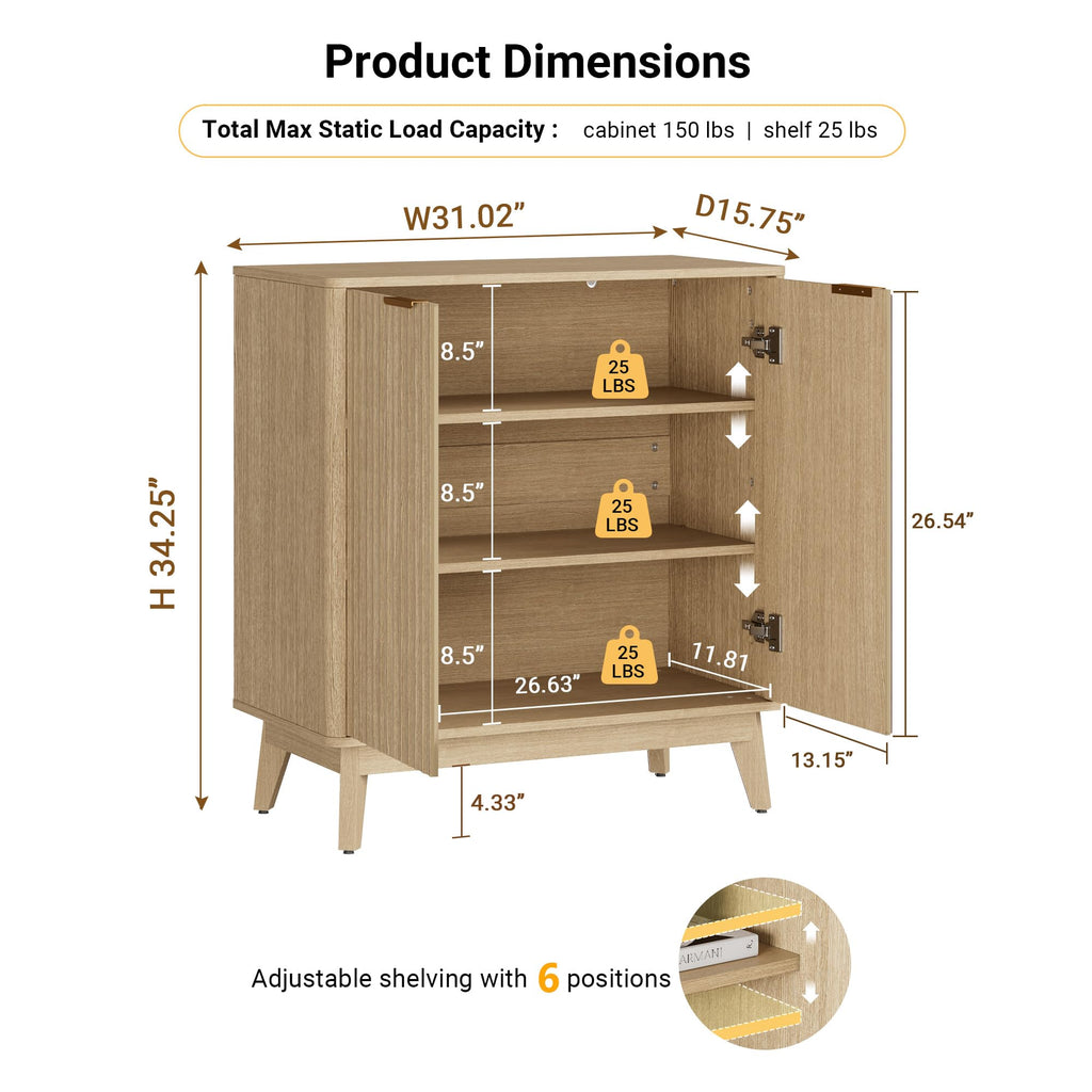 Sideboard Cabinet, Small Buffet Cabinet, Modern Fluted Storage Cabinet with Adjustable Shelf & Doors, Accent Credenza