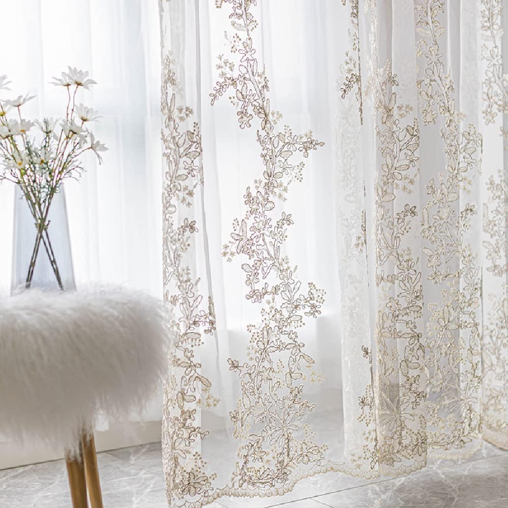 1 Pair Luxury Embroidered Tulle Curtains for Living Room Wedding 3D Gold Flower Sheer Curtains (White,63x96 Inch)