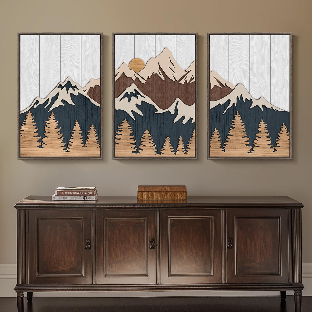 Large Framed 3D Wood Mountain Wall Art Decor, 24x36 Inch