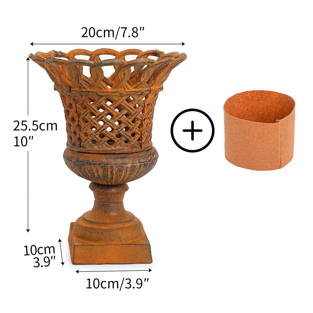 Cast Iron Rust Urn Planter - 10 Inches Hollow Trophy-Shaped Design