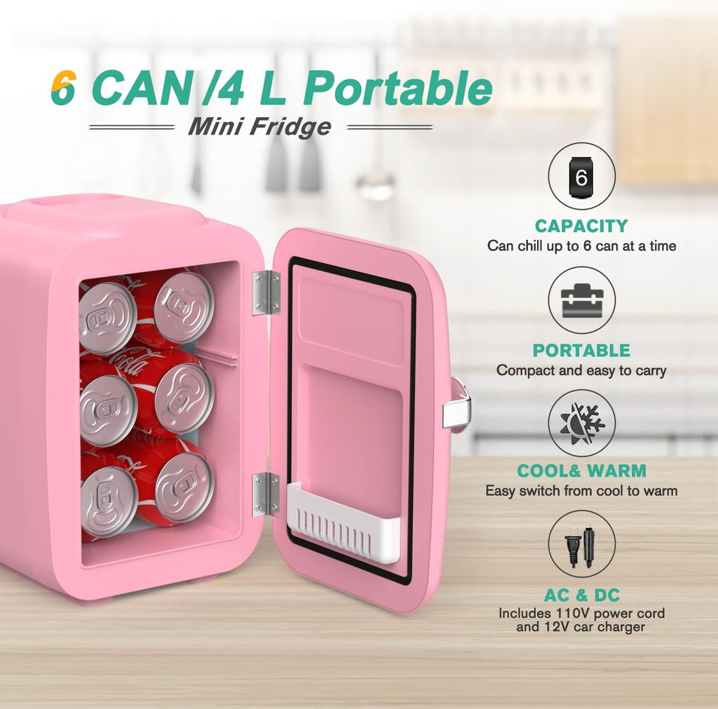 Mini Fridge, 4 Liter/6 Can Portable Cooler and Warmer Personal Refrigerator for Skin Care, Cosmetics, Beverage