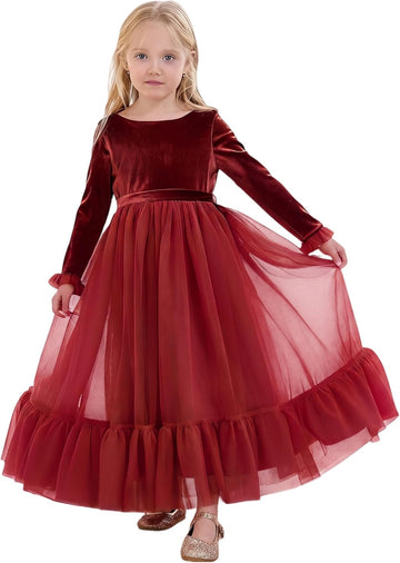 Velvet Fall Winter Dress Backless Flower Girl Dress Formal Wedding Party Prom Christmas Maxi Gown