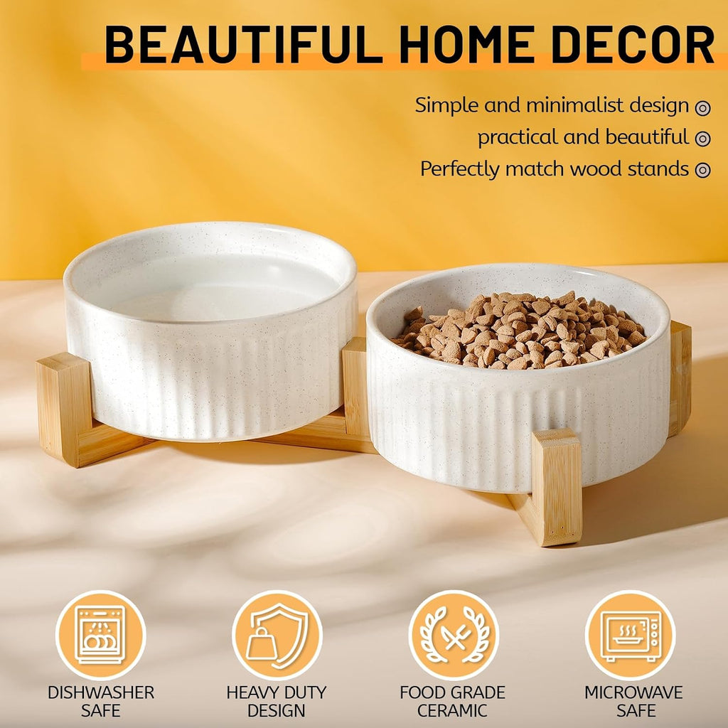 Non-Slip Ceramic Dog Bowls with Wood Stand, 6" Dog Food and Water Bowl Set with Silicone Base, 32 OZ/4 Cups Weighted