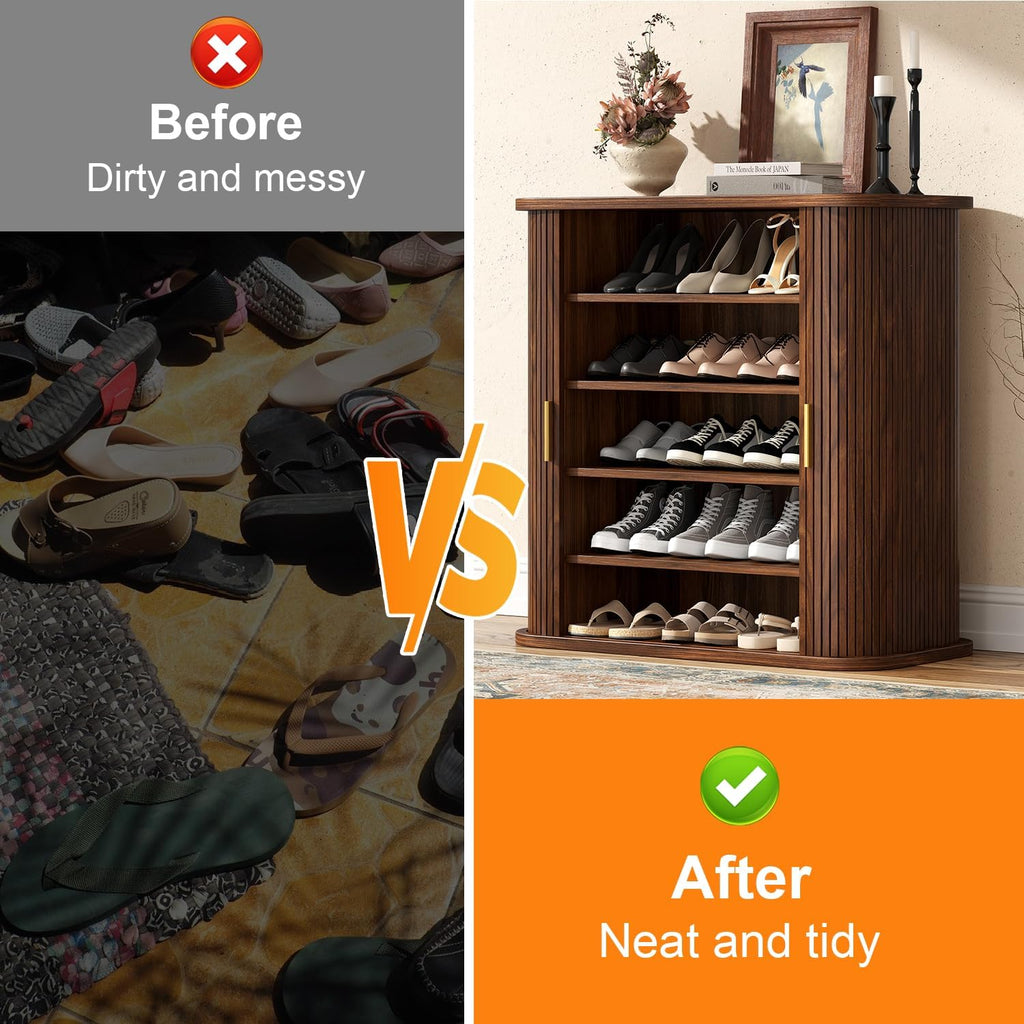 Shoe Storage Cabinet with Sliding Doors, 5-Tier Wood Shoe Cabinet , Adjustable Shelves Freestanding Shoe Organizer