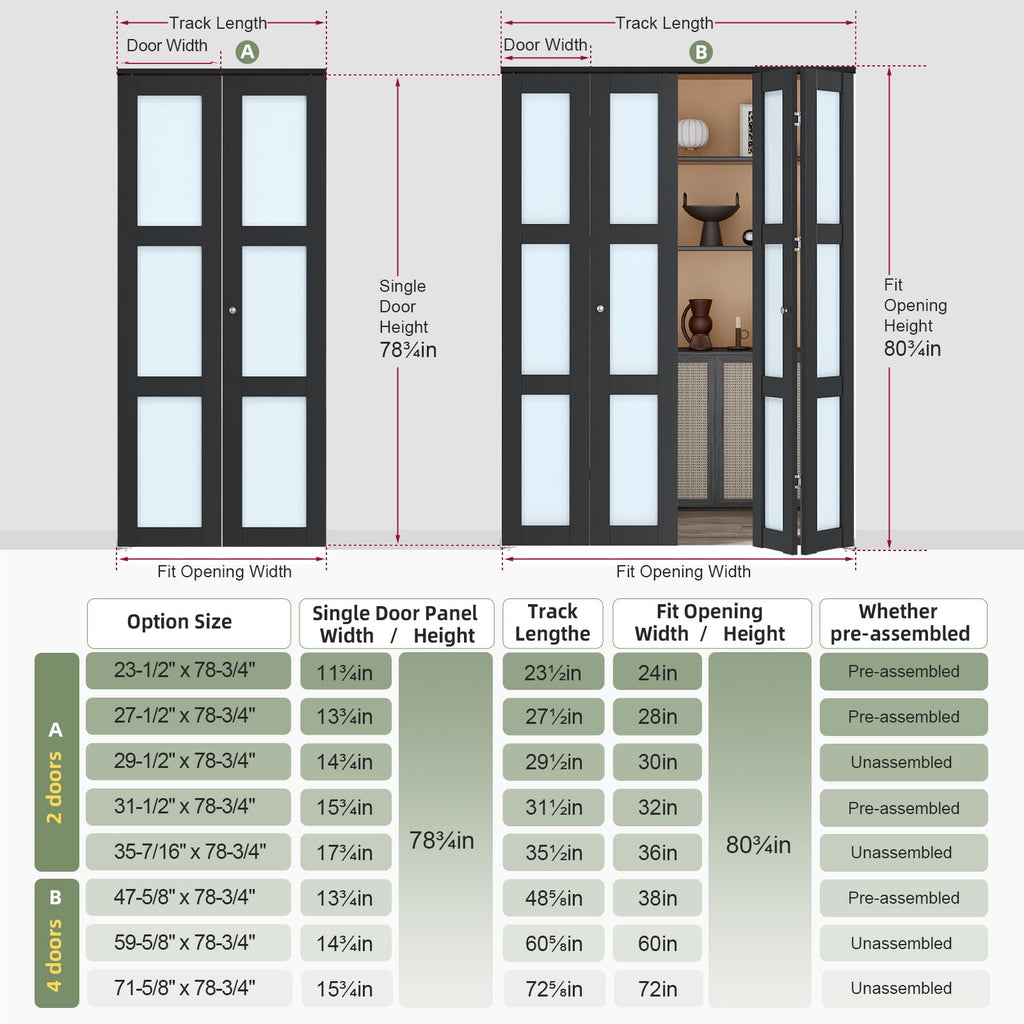 Bifold Closet Doors, Folding Door for 36" x 80" Opening, 3-Lite Tempered Frosted Glass, Black Interior Bi-fold Barn Door