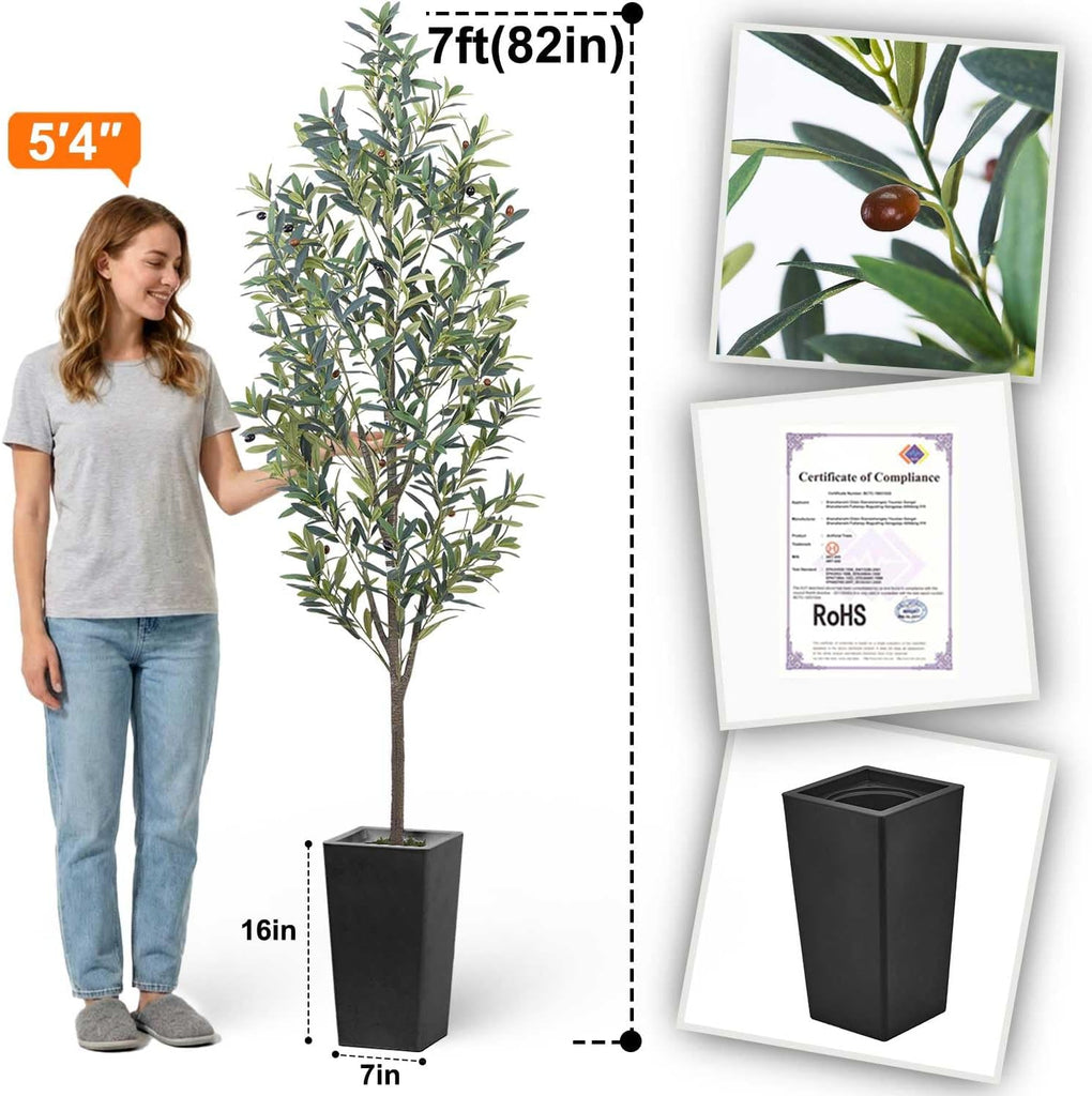 7ft Artificial Olive Tree Decor, 7 ft Large Faux Plant Fake Skinny Silk Trees with Pot for Indoor Outdoor House