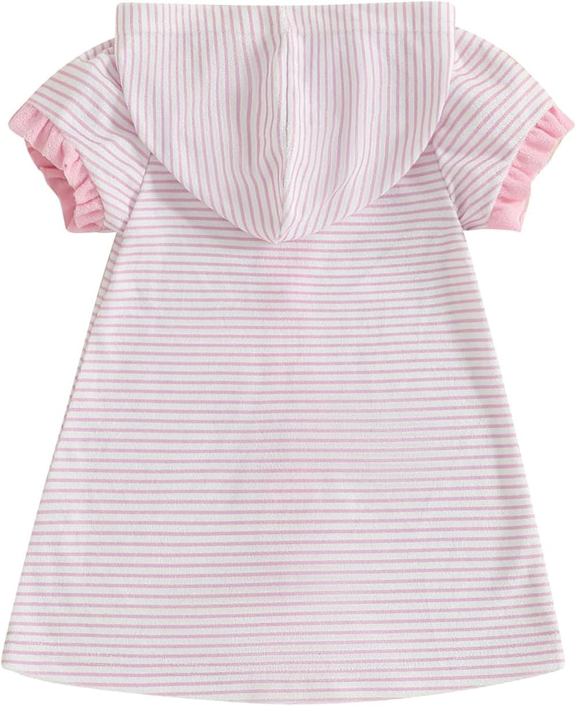 Girls Striped Swim Cover Up Beachwear Short Sleeve Zip Up Hooded Terry Swim Coverups One Piece Swimsuits Swimwear