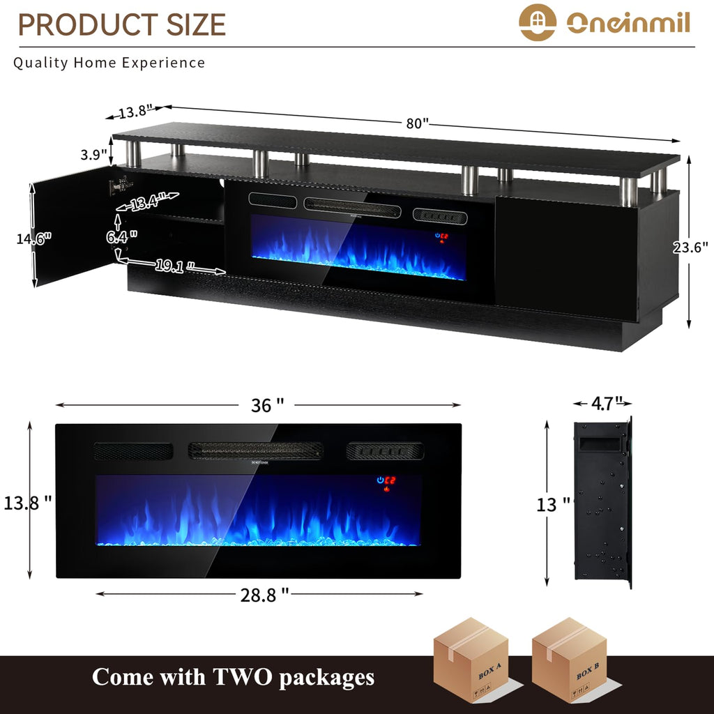 With 36" Electric Fireplace, 2 Tier TV Console Stand for TVs Up to 90"", LED Light Entertainment Center, Fireplace