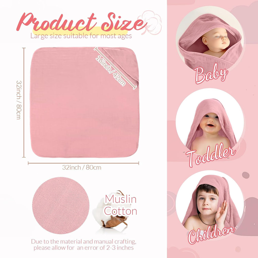 6 Pcs Muslin Hooded Baby Towels and Washcloths,Pink,Dark Pink