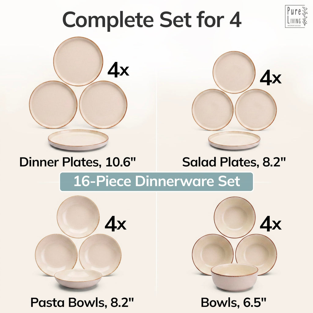 16 Piece Stoneware Dinnerware Set for 4, Handcrafted Plates and Bowls Set