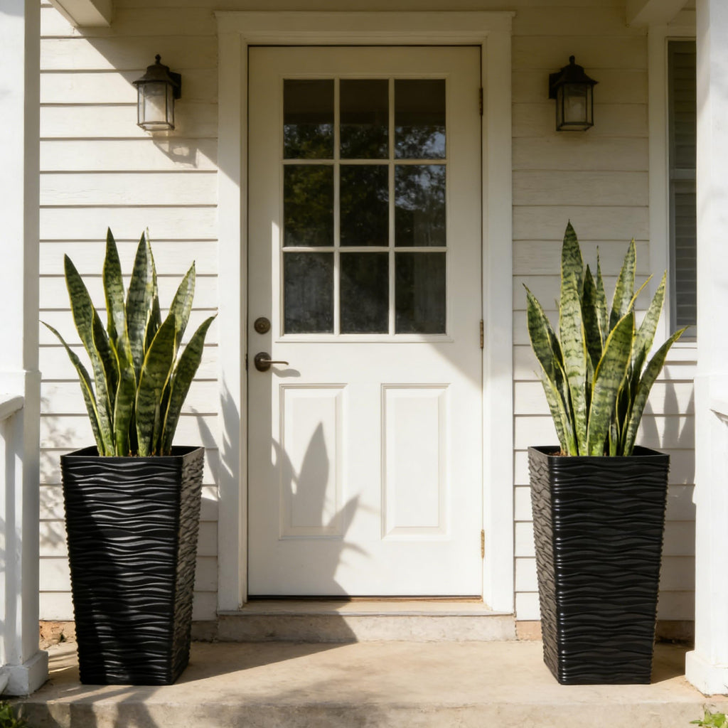 2 Pack 22" Tall Plastic Square Tapered Planter with Inside Pots for Indoor or Outdoor Use, Modern Wavy Finish for