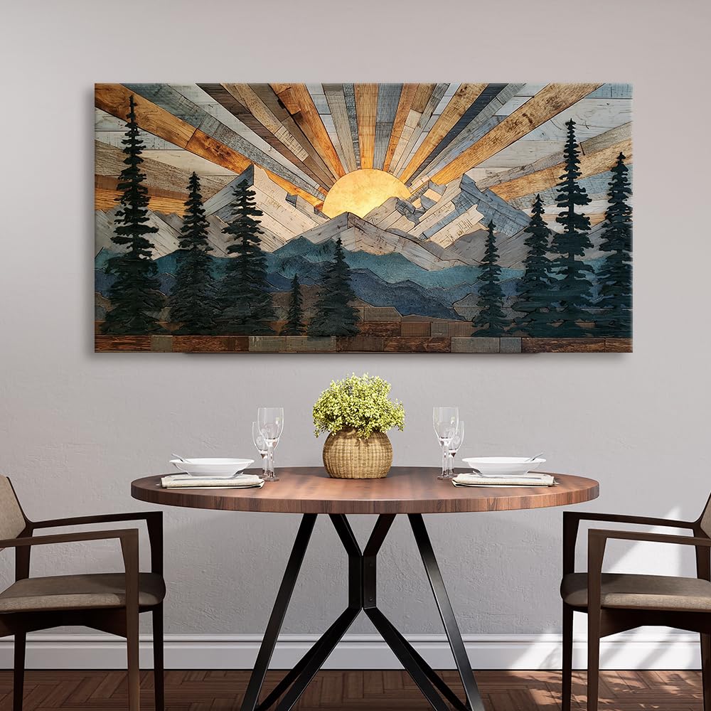 Boho Rustic Farmhouse Mountain Wall Art Sunrise Pine Tree Forest Nature Scenery Paintings Pictures Wall Decor Wood
