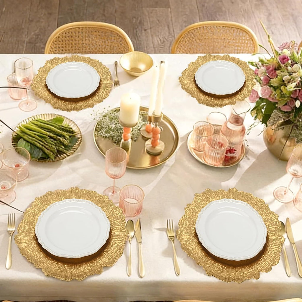 Inch Gold Charger Plates, Round Reef Pattern, Plastic, for Dinner Plates, Wedding Decor, Table Setting - Set of 12