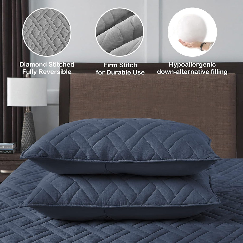 Quilt Set Queen Navy Blue, Classic Geometric Diamond Stitched Pattern, Ultra Soft Microfiber Lightweight Bedding