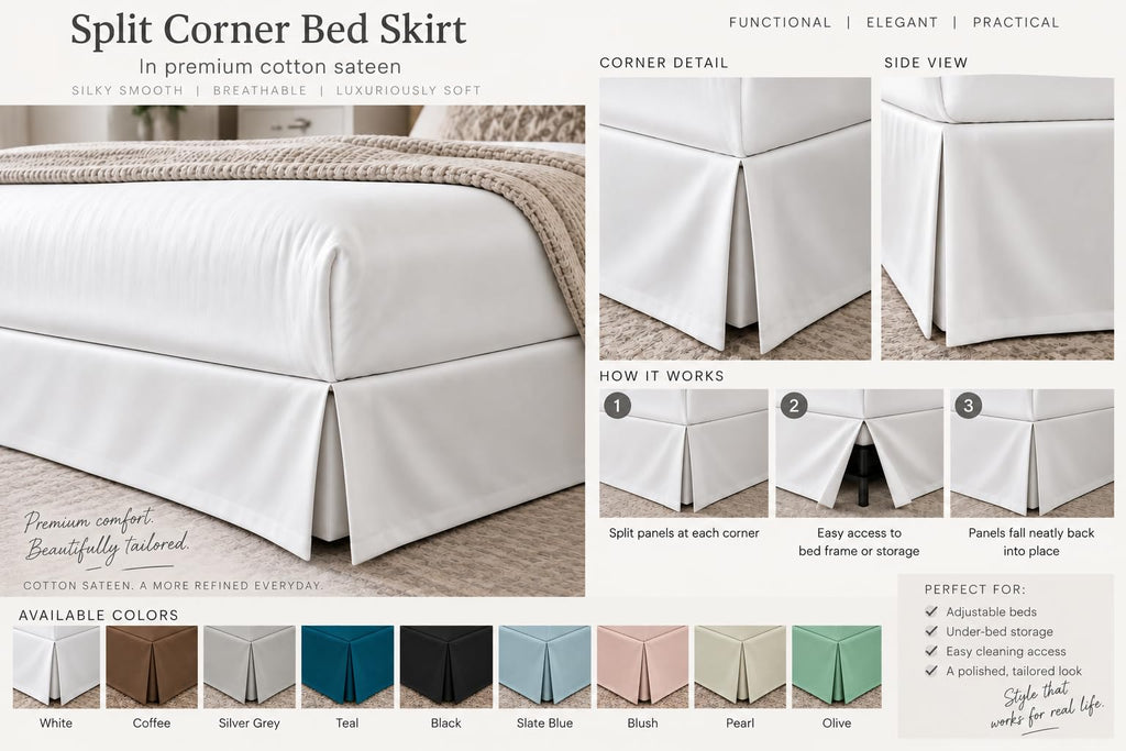 Signature 600TC 100% Cotton Split Corner Bed Skirt - Luxury Tailored 12" Drop Length Bed Skirt with Premium Finish
