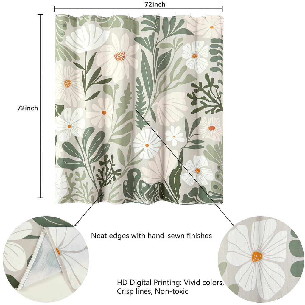 Cute Green Faux Linen for Aesthetic Bathroom Decor - Heavy Duty Modern Floral Matisse Spring Summer Flowers