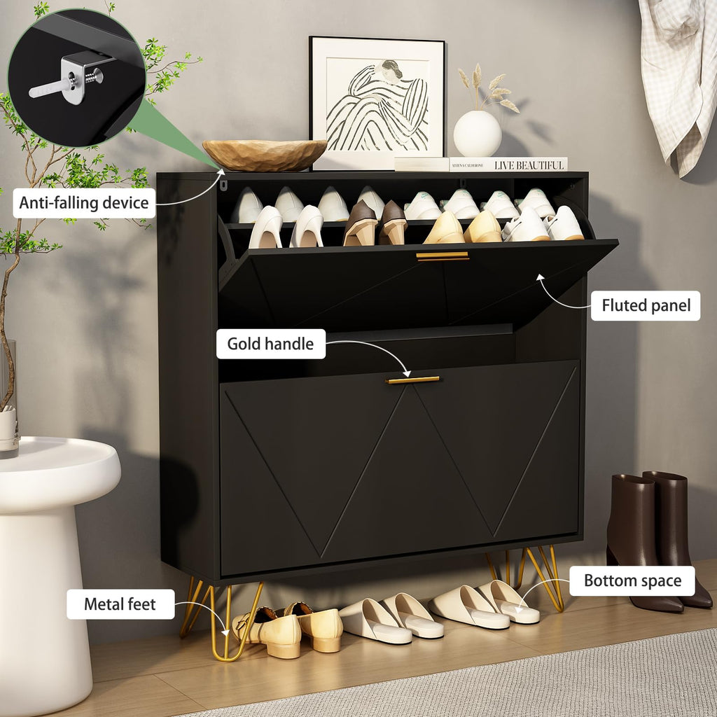 Black Shoe Cabinet Storage, Narrow Shoe Cabinet with 2 Flip Drawers, Freestanding Organizer with Fluted Panel
