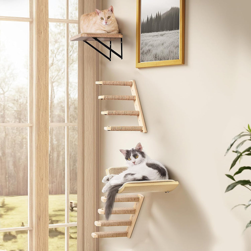 Cat Wall Shelves Set with Sisal Cats Stairs, 4 Piece Wooden Climbing Furniture with Scratchable Curved Bed, Flat