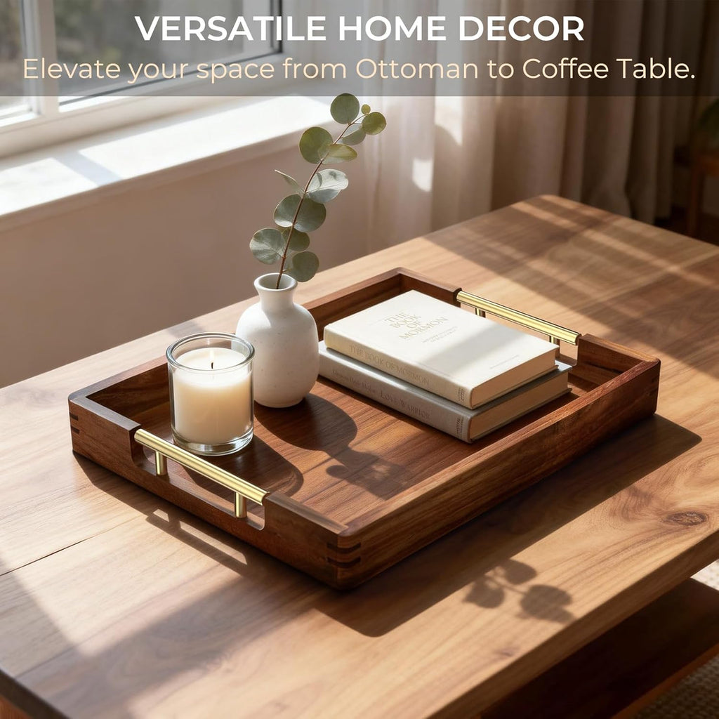 Acacia Wood Serving Tray with 2 Sets of Handles (Gold & Silver) - 17" Large Wooden Tray for Ottoman Coffee Table