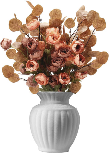 Artificial Silk Peonies Stems Arrangements Fake Flowers Set 6 Faux Peonies Artificial Flowers and 6 Eucalyptus - Set of 12