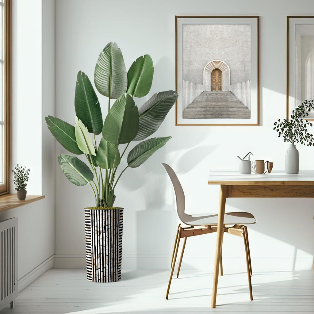 Artificial Tree in Black and Brown Striped Planter, Fake Bird of Paradise Silk Tree for Indoor and Outdoor Home