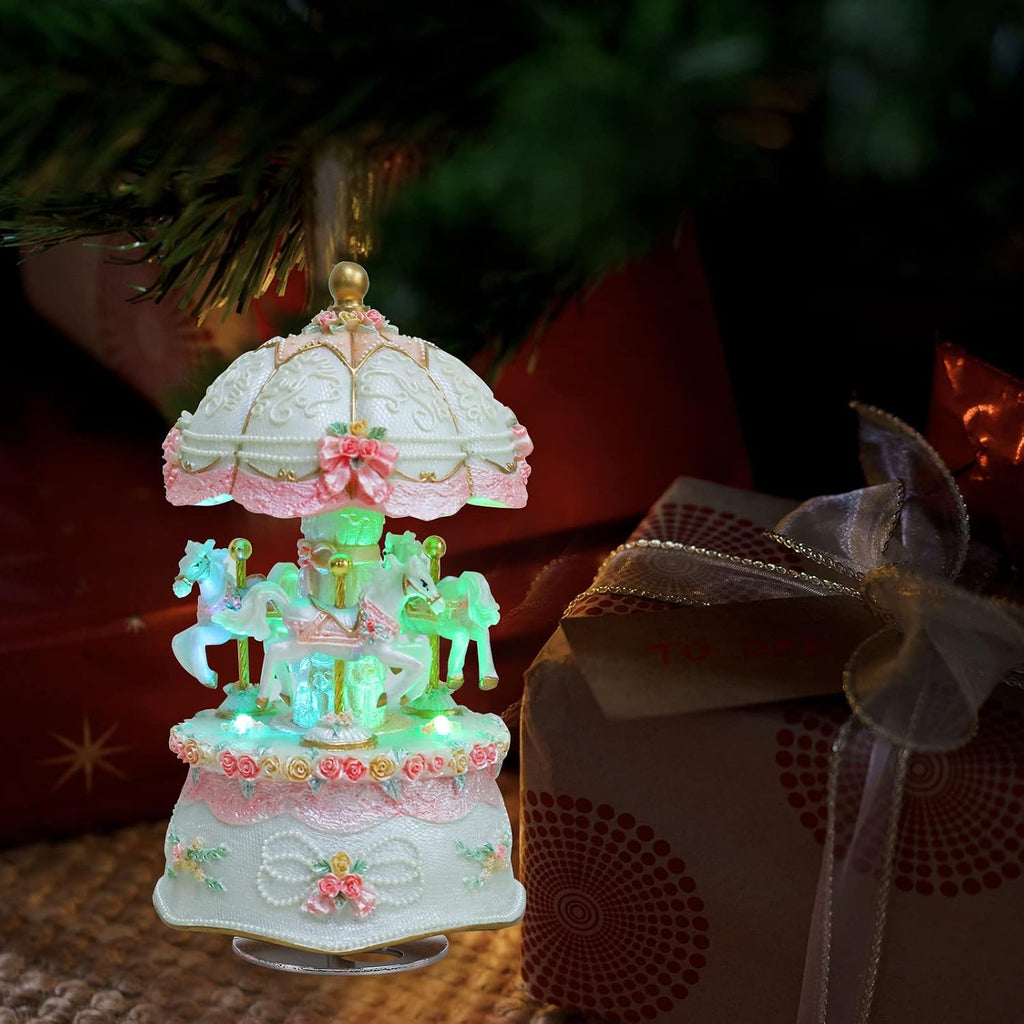 Pink Carousel Music Box for Girls: 3 Rotating Horses Colorful Led Lights